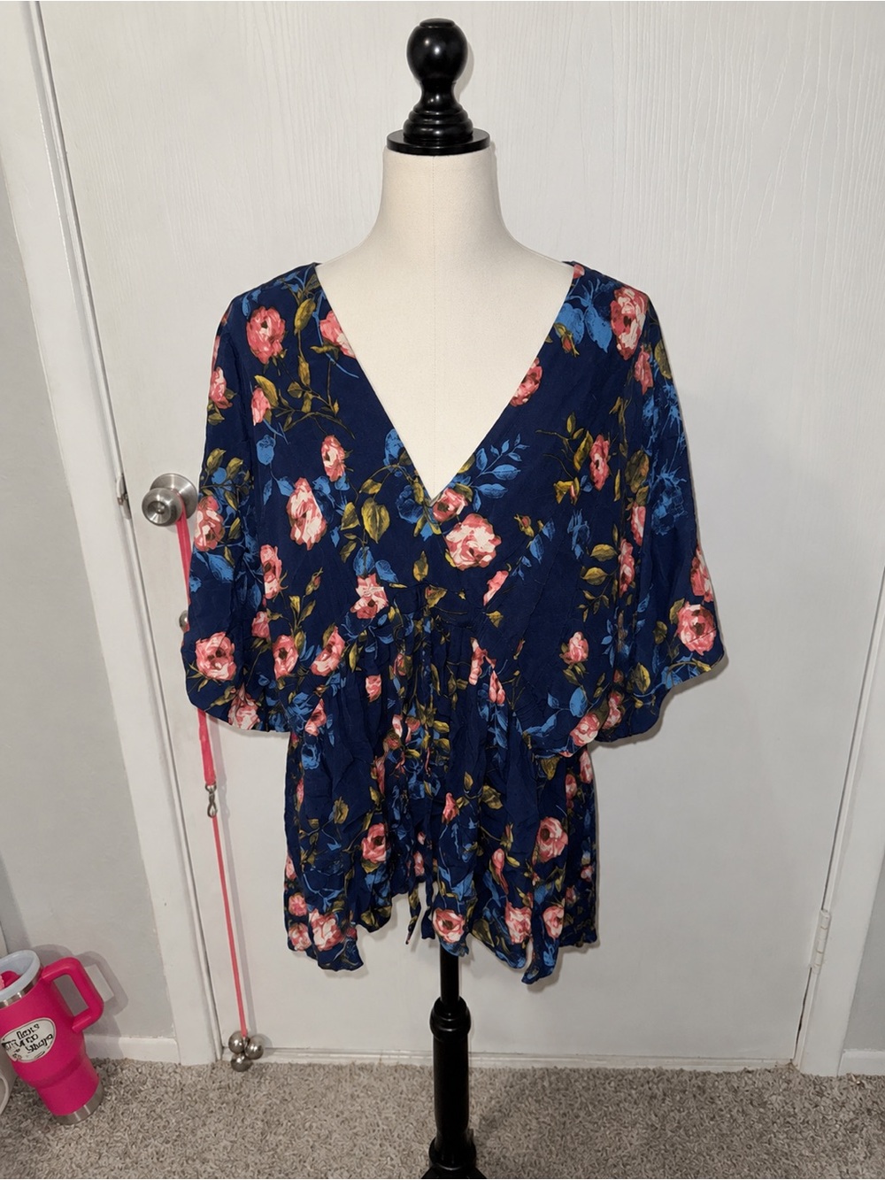 Motherhood Maternity XL Floral Boho Peplum Blouse Navy Pink Tie Front 3/4 Sleeve